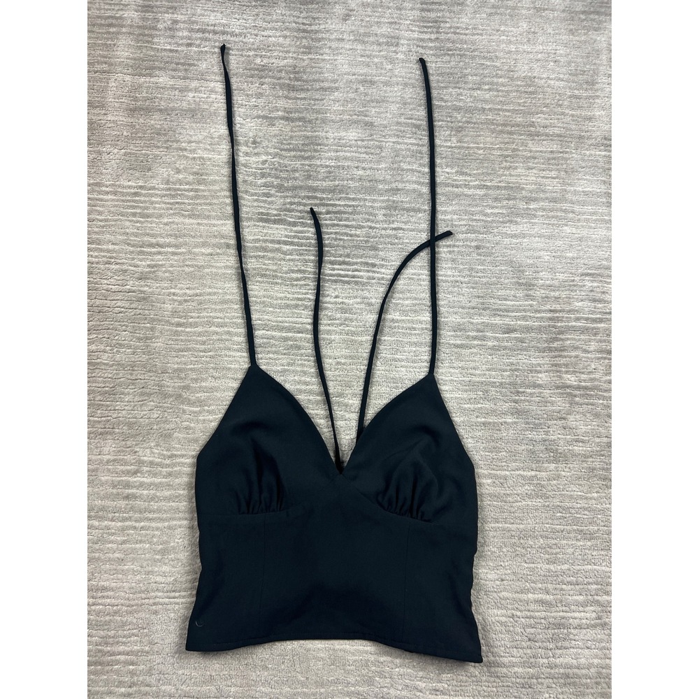 Gilli Crop Top Womens Small Black Halter V-Neck Ruched Smocked Back Sleeveless